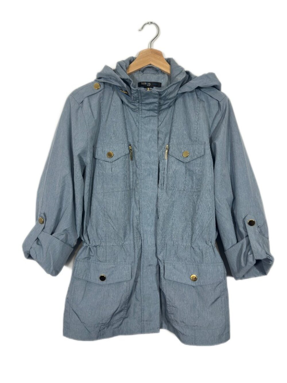 Style & Co Women's Raincoat Jacket Size PL Dusty Blue Utility Fall Hiking Sporty